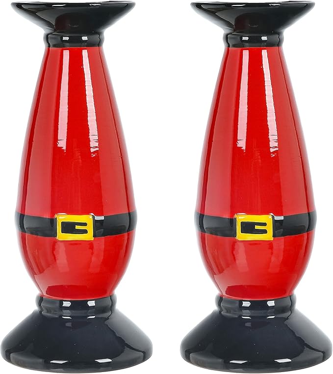Set of 2 Christmas Hand-Painted Ceramic Large Candle Holders for Pillar Candles (Santa's Belt)