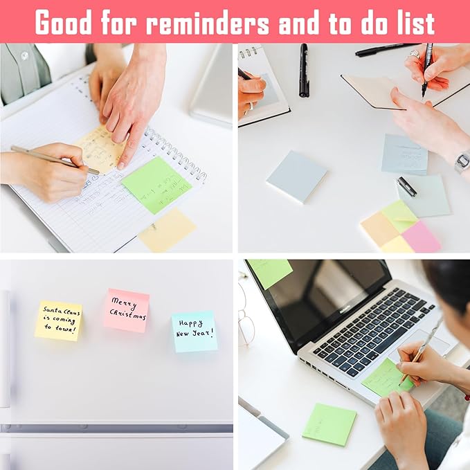 HappyHapi Sticky Notes 3x3 Inches Bulk 36 Pack 3600 Sheets Colored Self-Stick Pads, 100 Sheets/Pad, 4 Bright Colors (Yellow, Green, Pink, Blue) for Office Supplies, School, Home