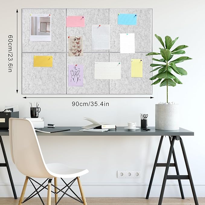 Large Cork Board 36" x 24", 6 Pack Felt Wall Tiles with Colored Pushpins, Bulletin Board with Removable Self-Adhesive Strips, Pin Board Cork Boards for Walls Office Home-Light Gray