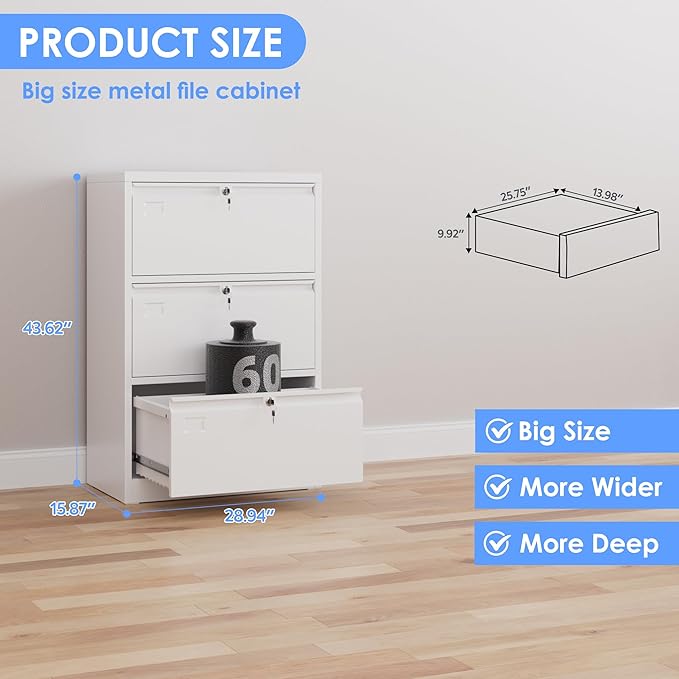 SUXXAN 3 Drawer File Cabinet, Lateral Filing Cabinet with 3 Locks for Home Office, Black File Cabinets with Business Card Holder for Letter/Legal/F4/A4 Hanging Files