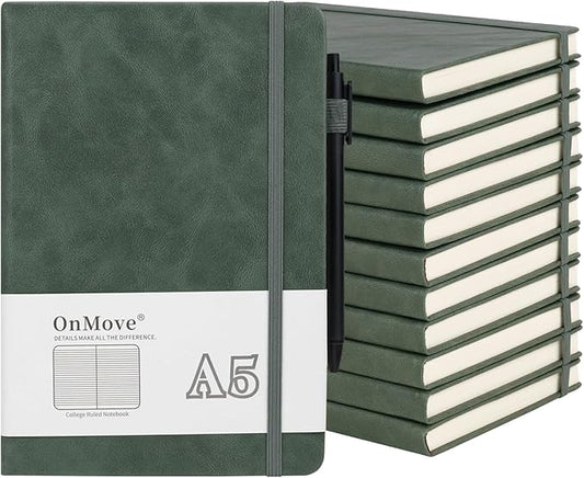 Notebooks Journal for Women Men 12 Pack Bulk Leather Hardcover with Pen Holder A5 160 Pages 100 GSM Thick Paper for Work School Lined Green