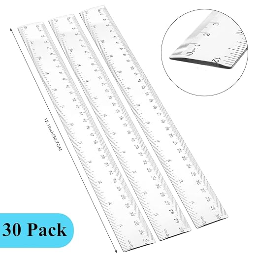 Zonon 30 Pcs 12 Inch Plastic Ruler Assorted Colors Ruler Bulk with Centimeters Millimeter and Inches Rulers First Day of School Gift for Kids School Classroom Office Supplies(Clear,Plastic)