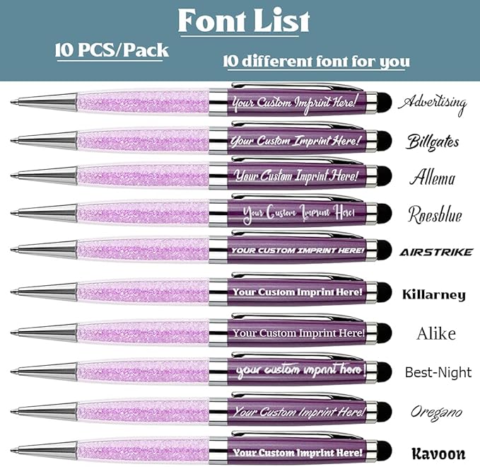 Ancolo Personalized Business Pens Beautiful Crystal-Custom Advertising Massage - Engraved Team Name, Phone Number, Slogan Perfect for Bank, Office, Hotel Lobbies - 10 Pens/Box (Purple)