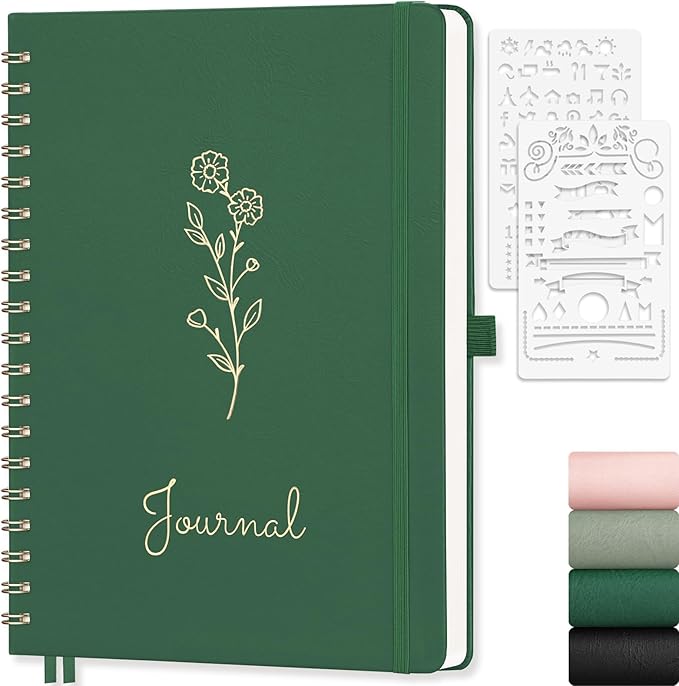 EMSHOI B5 Bullet Dotted Journal Notebook -140 Pages 100GSM Dot Grid Paper, Vegan Leather Floral Cover with Spiral Binding for Bullet Journaling, Bible Study, Work & School - Includes Ruler -Dark Green
