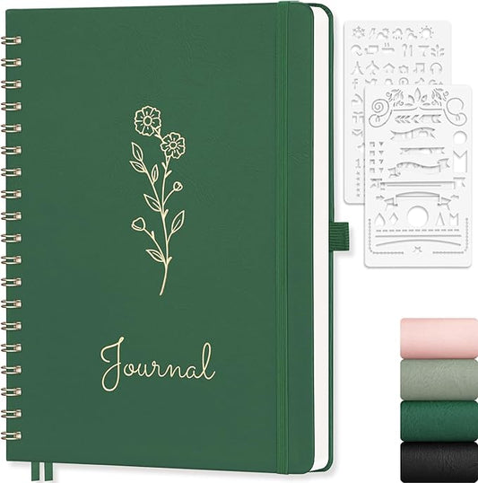 EMSHOI B5 Bullet Dotted Journal Notebook -140 Pages 100GSM Dot Grid Paper, Vegan Leather Floral Cover with Spiral Binding for Bullet Journaling, Bible Study, Work & School - Includes Ruler -Dark Green