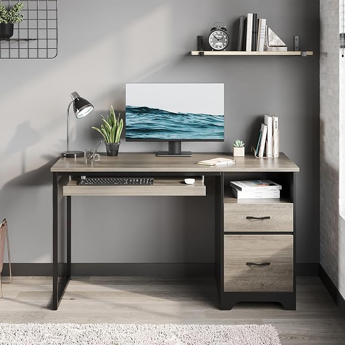 Bestier 48” Computer Desk with Drawers, Office Desk with Storage, Industrial Wood Writing Desk with File Drawer, Keyboard Tray & 2 Hooks for Home Office & Studio, Gray