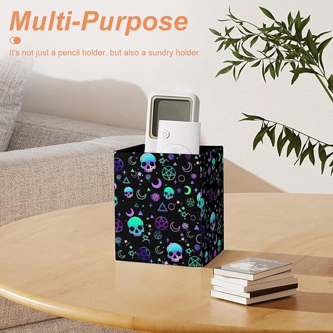 Square Pen Holder & Pencil Organizer for Desk - Office Storage Organizer, Markers/Makeup Brushes/Scissors Holder, Compact Desk Decor Accessories for Home Classroom School(Skull)