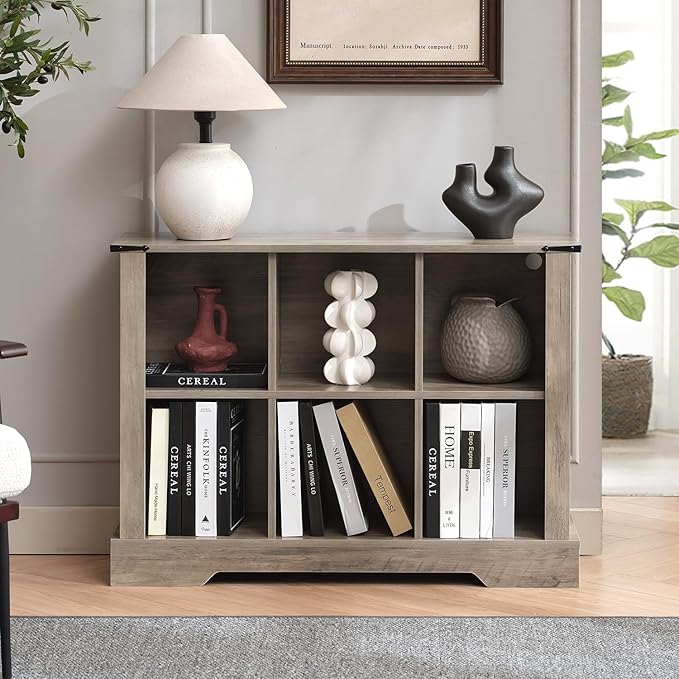 6 Cube Storage Organizer, 2 Tier Bookshelf for Living Room, Farmhouse Bookcase with Led, Kids Toy Storage Cabinet, Wall Cubby Shelves for Home Decor, Wood Display Cabinet for Bedroom, Grey