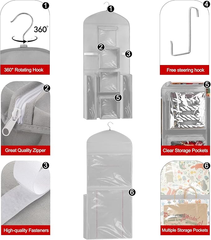 Hanging Gift Wrapping Paper Storage, 40"X17" Grey Double-Sided Christmas Wrapper Bag Container, Oxford Craft Roll Organizer, Present Wrap Holder for Bedroom Closet, Door, Cabinet