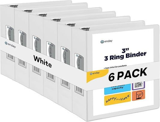 3 Inch Binder 3 Ring Binders White, Slant D-Ring 3” Clear View Cover with 2 Inside Pockets, Heavy Duty Colored School Supplies Office and Home Binders, 6 Pack – by Enday