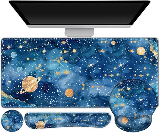 ARTSO Large Mouse Pad and Keyboard Wrist Rest, Ergonomic Mouse Pad with Wrist Support, Non-Slip Desk Mat Protector for Office, Home -Blue Planet Galaxy