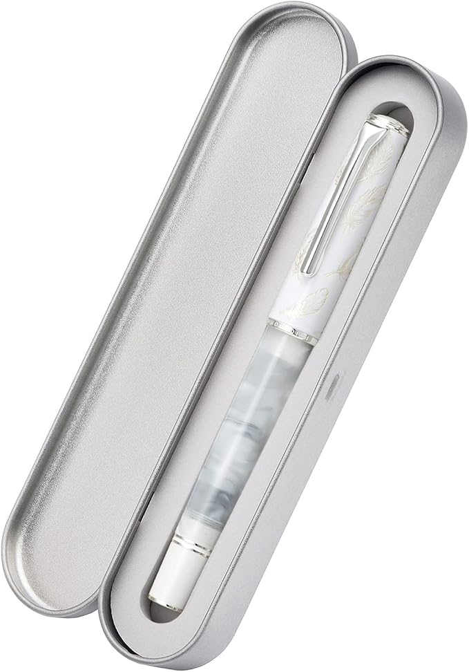 Hongdian N8 White Acrylic Resin Fountain Pen, Iridium Fine Nib Silver Plated Feather Carving Cap Smooth Writing Pen with Converter and Metal Pen Box Set
