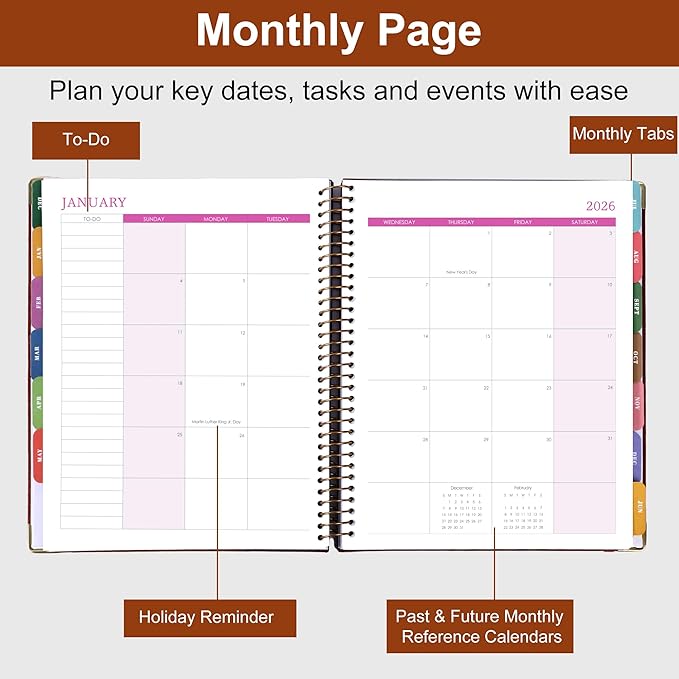 2026 Planner, Weekly and Monthly Calendar Planner Book,Dec 2025 - Dec 2026, Leather Hardcover Spiral Planner with Monthly Tabs, Notes Pages, Perfect for Women & Men, A4 (9.6" x 11.2") - Brown