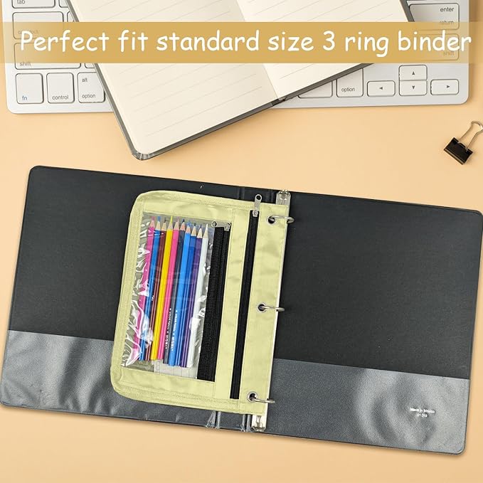 YoeeJob 1 Pack Pencil Pouch for 3 Ring Binder, Expandable Binder Pouches with Zipper, Large Capacity Pen Holder Case with Clear Window School Class Office Organizers, Beige
