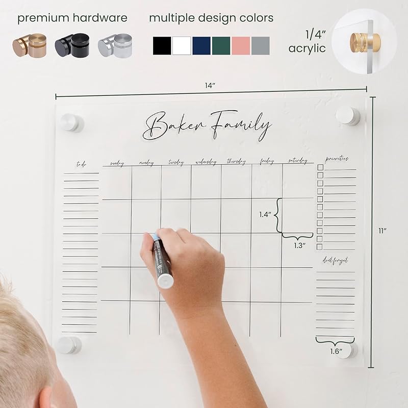 Personalized Clear Acrylic Calendar for Wall, Calendar Whiteboard for Wall, Dry Erase Wall Calendar, Wall Calendar Organizer System for Home (Cursive, Jade, 14"W x 11"H)