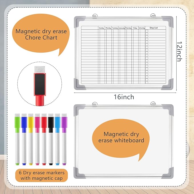 Lincia Magnetic Dry Erase Chore Chart Board for Multiple Kids Teens Adults 12"x16" Double Side Family 2 in 1 Combo Chore Board for Wall Aluminum Frame 8 Markers 1 Eraser(Adults Style)