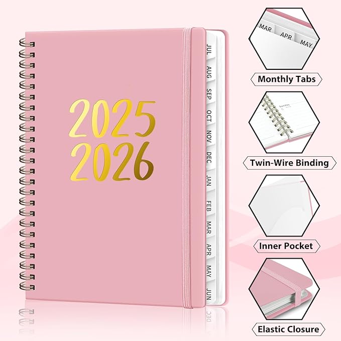 Planner 2025-2026, July 2025 - June 2026 Daily Weekly and Monthly Calendar Planner Book with Tabs, Notes Pages, Inner Pocket, Spiral Schedule Agenda A5 Notebook for School, College, Work-PINK
