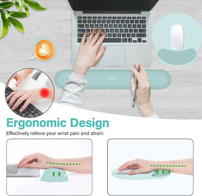 MOSISO Wrist Rest Support for Mouse Pad&Keyboard Set, Circle Curved Ergonomic Mousepad&Coaster Non-Slip Base Home/Office Pain Relief&Easy Typing Pad with Soft Cloth&Silicone Lining, Aquamarine