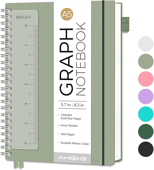 AHGXG Graph Paper Notebook - Spiral Notebook Journal 160 Pages, A5 Graph Notebook 5.7" x 8.3", 100 gsm Thick Grid Paper, Waterproof Plastic Cover, for School Writing Engineering Math, Sage Green