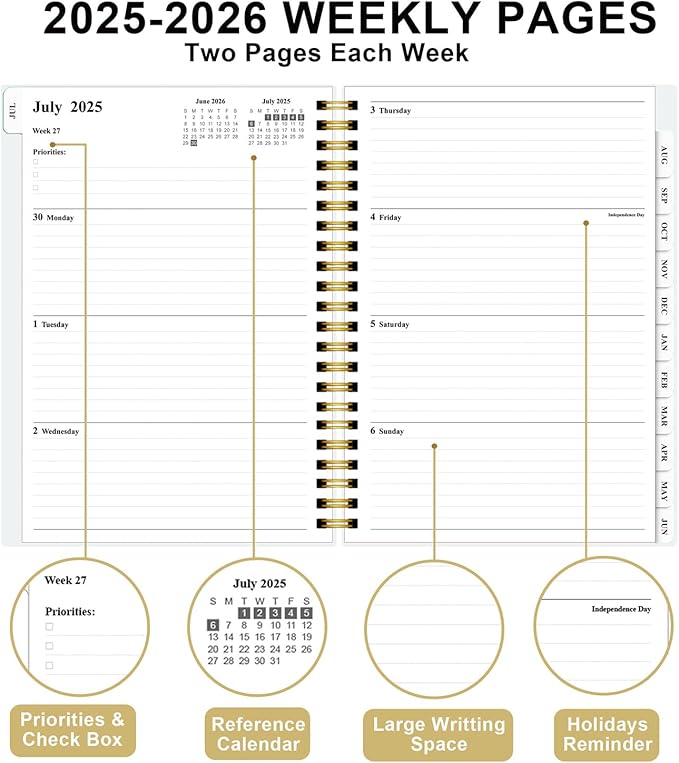Planner 2025-2026 - Weekly & Monthly Planner from July 2025 to June 2026, Agenda 2025 2026 with Inner Pocket, Elastic Band, 6.4" x 8.5", White Glod Leaf