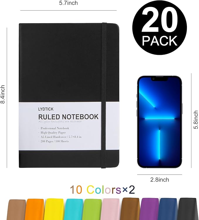 20 Pack Journals for Writing College Ruled Notebooks Journal in Bulk, Hardcover Notebooks (200Pages) for Note Talking, Lined Bullet Journals for Home School Office, 5.7"x8.4", 10 Colors