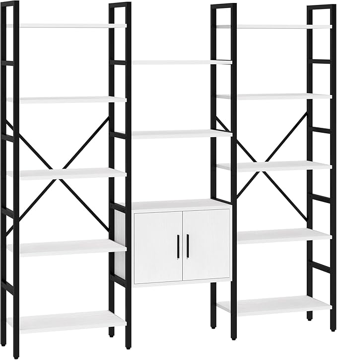 Yusong Bookshelf Triple Wide 5 Tier Bookcases with Storage Cabinet, Industrial Large Modern Tall Bookshelves with 12 Open Display Shelves for Living Room Office Bedroom, White and Black