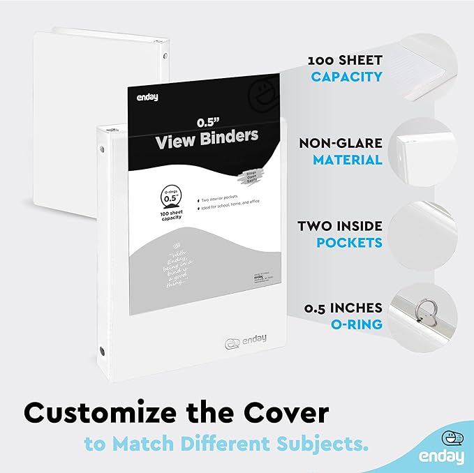 ½ Inch 3 Ring Binder .5 inch White Clear View Cover with 2 Inside Pockets, Colored School Supplies Office and Home Binders, 6 Pack – by Enday