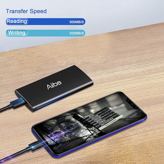 Aiibe External SSD 256GB External Hard Drive USB C Portable SSD, Up to 500MB/s, USB 3.1, External Solid State Drive 256GB for Laptop, Mac, PS4 (Black)
