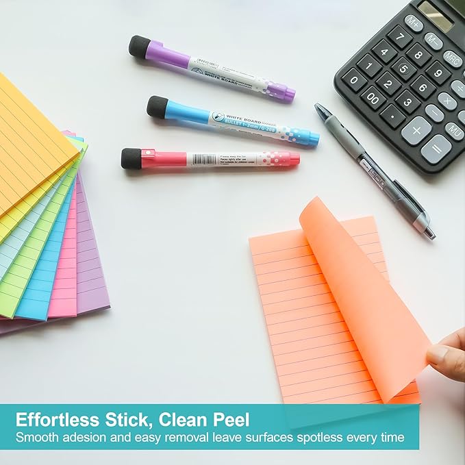 8 Pads Lined Sticky Notes 4x6 inch Self-Stick Notes Bright Colors Sticky Note for Office Home School