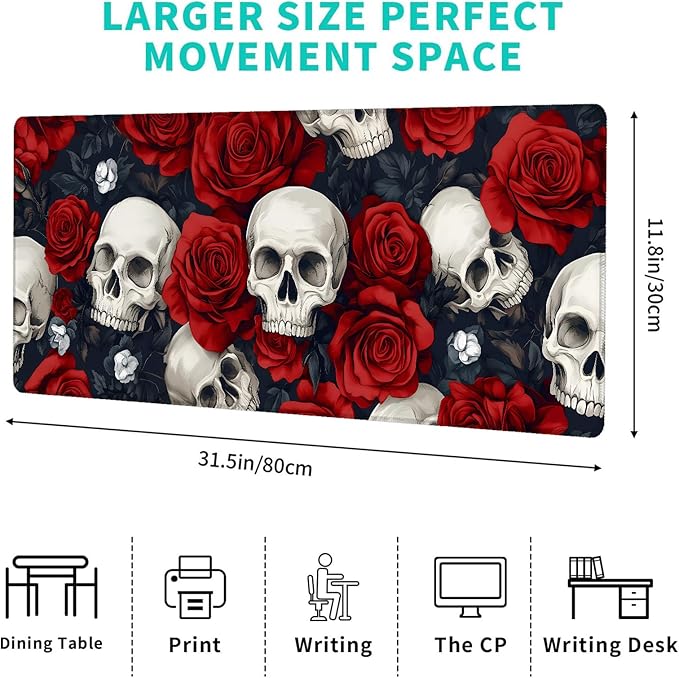 Gothic Skull and Rose Gaming Mouse Pad – 12x31.5in Non-Slip Rubber Desk Mat with Red Floral Design – Large Extended Mousepad for Office Home – Deskmat Gifts for Dark Art and Goth Decor