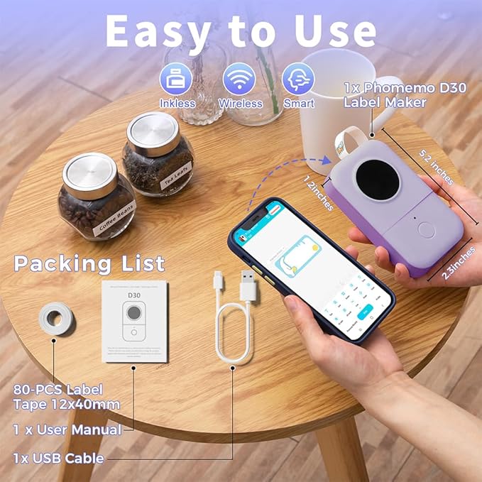 Phomemo D30 Label Makers Machine - Portable Bluetooth Mini Sticker Thermal Label Printer Handheld Rechargeable, Easy to Use for Office Home Organization, Rich Icon Font Multiple Templates