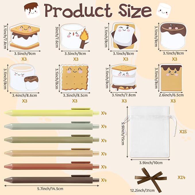 CJiangpo Marshmallow Sticky Note Set - 24 Pack Marshmallow Sticky Note Pads with Ballpoint Pens Ribbons, Funny Memo Pad Stationery Set Classroom Rewards Bonfire Party Gift for Kids Appreciation Gifts