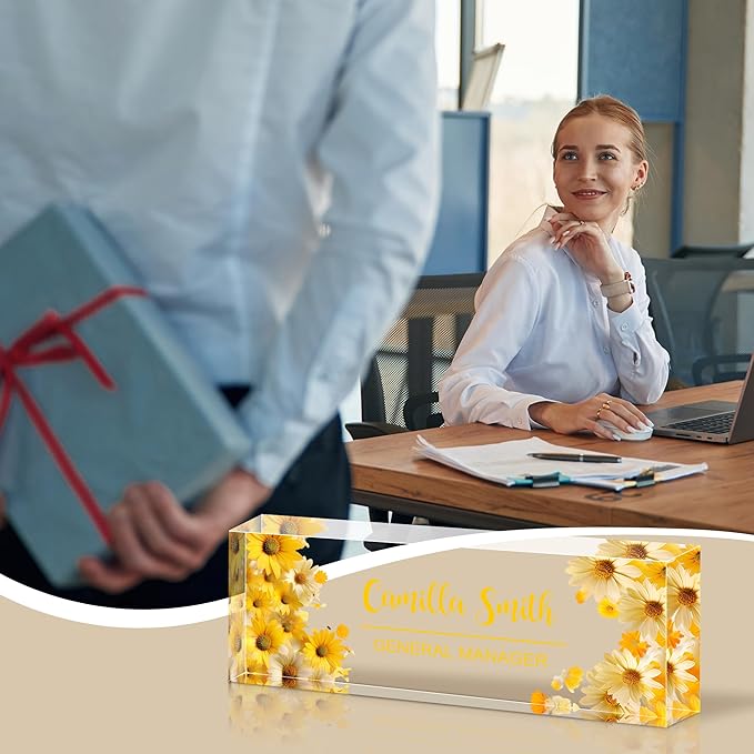 Ship Next Day Personalized Name Plate for Desk, Custom Acrylic Desk Name Sign, Office Appreciation Gifts for Women Men Coworkers Boss Teacher Employee (Flower-Sunflower)