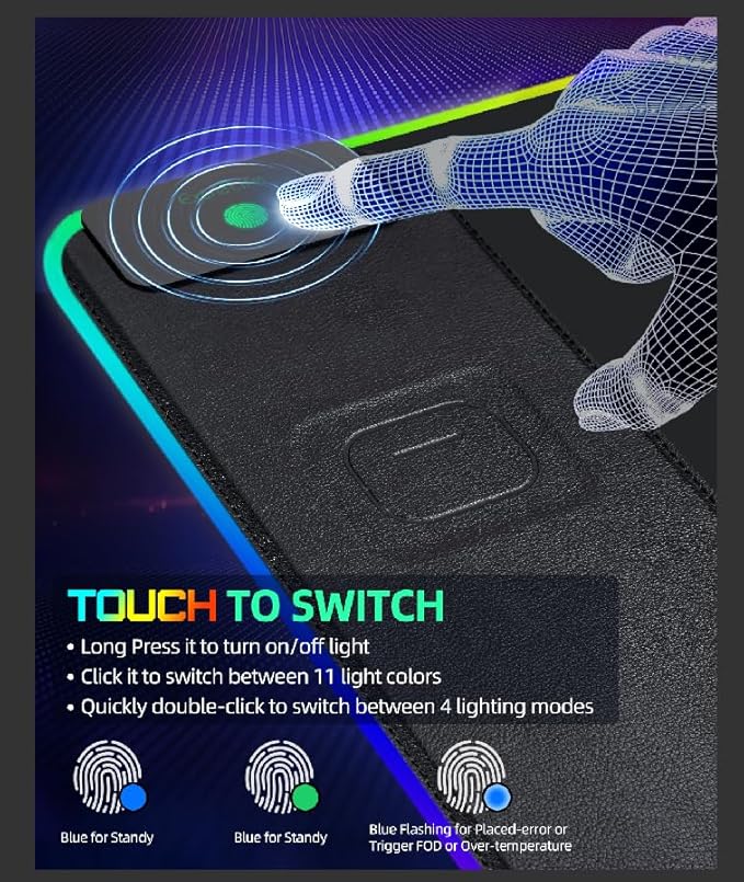 Upgraded Mouse Pad with Wireless Charging, RGB Gaming Desk Mat, 31.5"x15.7" Large XXL Desk Pad, 15 Light Modes, Ultra-Smooth Surface, Non-Slip Mouse Mat, Waterproof Computer Keyboard Pad, Black