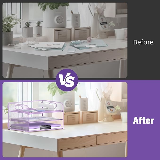 Daltack 3-Tier Paper Organizer with Handle, Mesh Desk Organizer Letter Tray, Purple