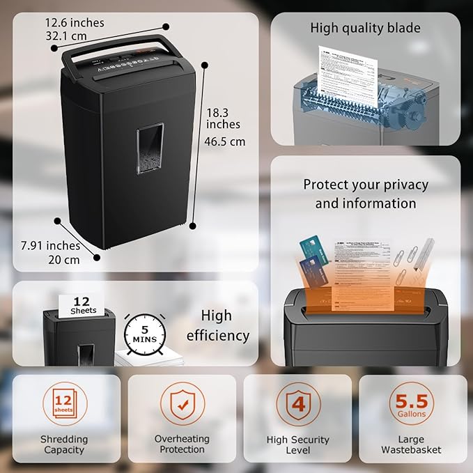Bonsaii 12-Sheet Cross Cut Paper Shredder, P-4 High Security, Shreds Paper, Credit Cards, Staples, Clips, CDs, 5.5 Gal Home Office Heavy Duty Shredder with Transparent Window, Black