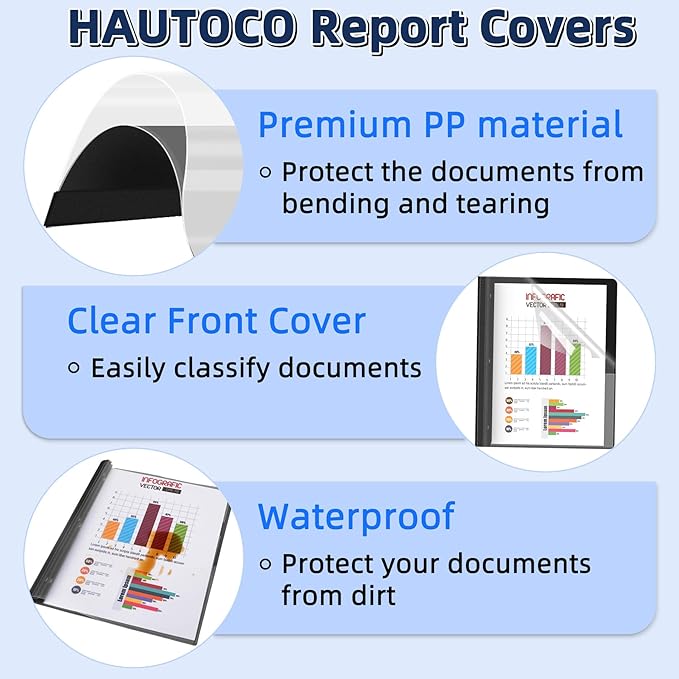 HAUTOCO 30 Pack Plastic Report Covers with 3-Prong Fasteners Clear Front Presentation Folders Resume Folders for 8.5x11 Letter Size Paper, Document Report Cover for School Office Business, Black