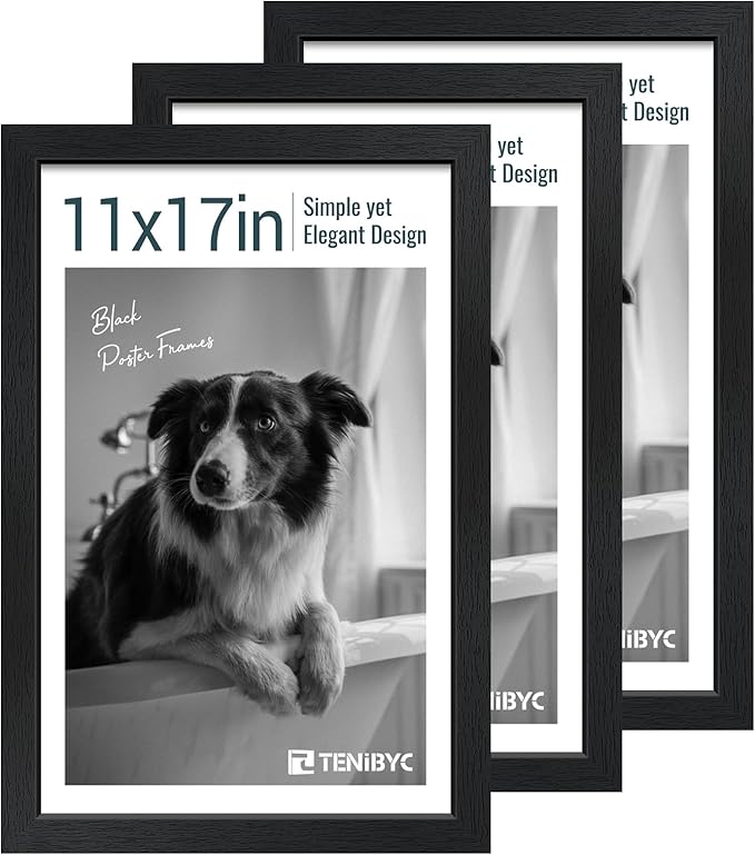 11x17 Picture Frame 3 Pack - Black Woodgrain, Solid Wood & HD Tempered Glass, Wall Gallery Poster Frame