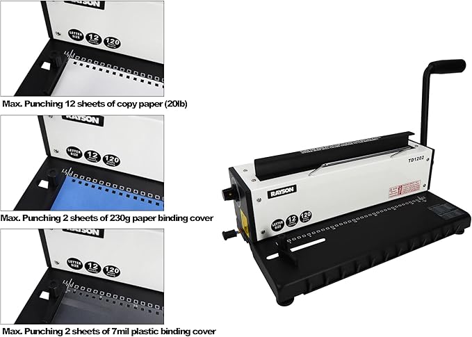 Rayson TD1202 Binding Machine, 3:1 Pitch Wire Binder, Punching 12 Sheets/Binding 120 Sheets with Sturdy Metal Construction