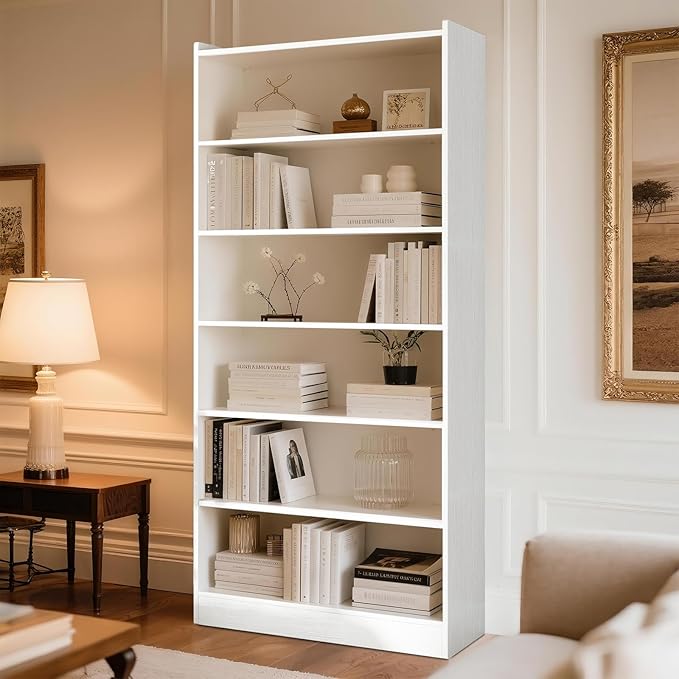 72" Rectangle Wooden Bookshelf with 6 Tier Bookshelf, Large Bookcase for Home Offices and Living Rooms with Storage Shelves, Display Shelves, White