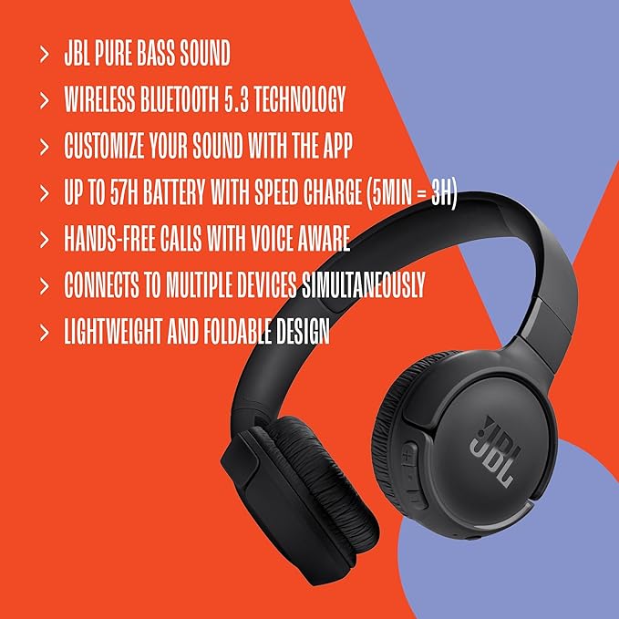 JBL Tune 520BT - Wireless On-Ear Headphones, Up to 57H Battery Life and Speed Charge, Lightweight, Comfortable and Foldable Design, Hands-Free Calls with Voice Aware (Blue)