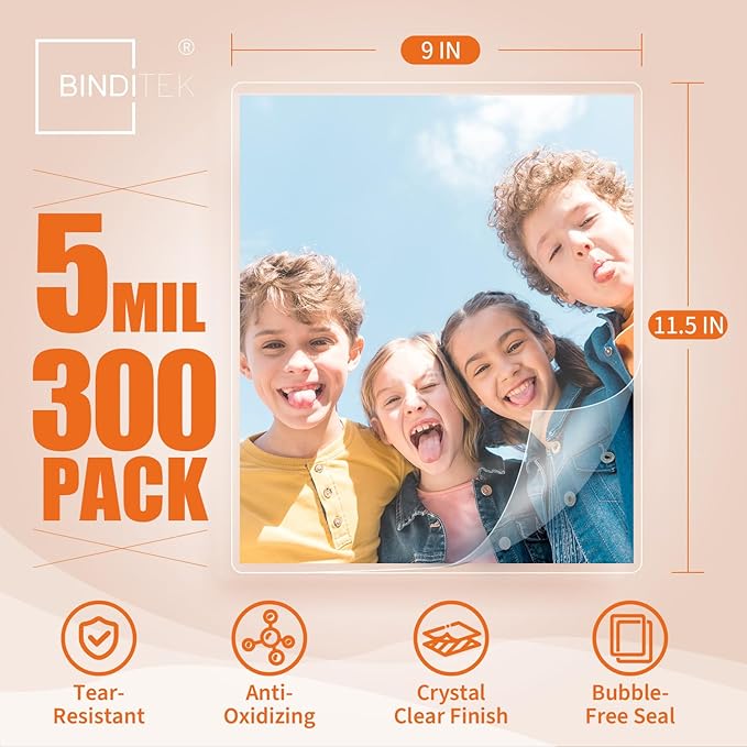 Binditek 300 Pack 5 Mil Thermal Laminating Pouches, 9x11.5 Inches Laminating Sheets, for Letter Size, Ultra Clear, Glossy, Hold 8.5x11 Inches, Heat Seal, School Office Supplies