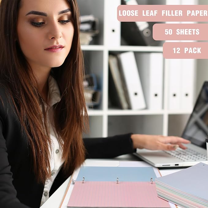 PerKoop 12 Pack 600 Sheets Colored Lined Paper Bulk Wide Ruled 8 x 10.5 Inches, Pastel Loose Leaf Notebook Paper 3 Hole Punched Filler for Back School Classroom Supplies(Boho Color)