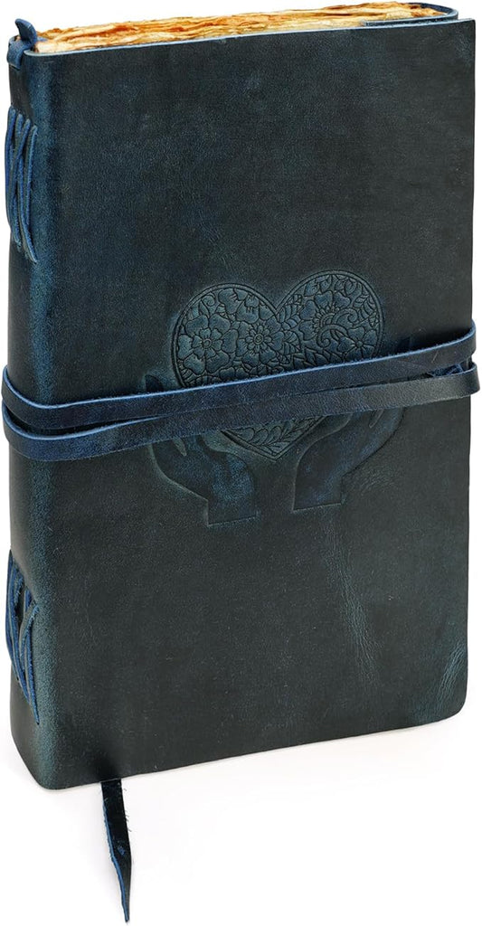 LUXEORIA Heart Journal for Women and Men, Handcrafted Leather Journal for Writing Womens, Sketchbook, Travel Diary with Unlined Deckle Paper, Dark Blue 8x13