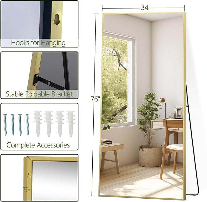 MELOMOIR 76"x34" Gold Mirror Full Length, Gold Floor Mirror for Home Gym Bedroom Living Room, Large Standing Mirror Haning or Leaning, Shatterproof Tempered Glass