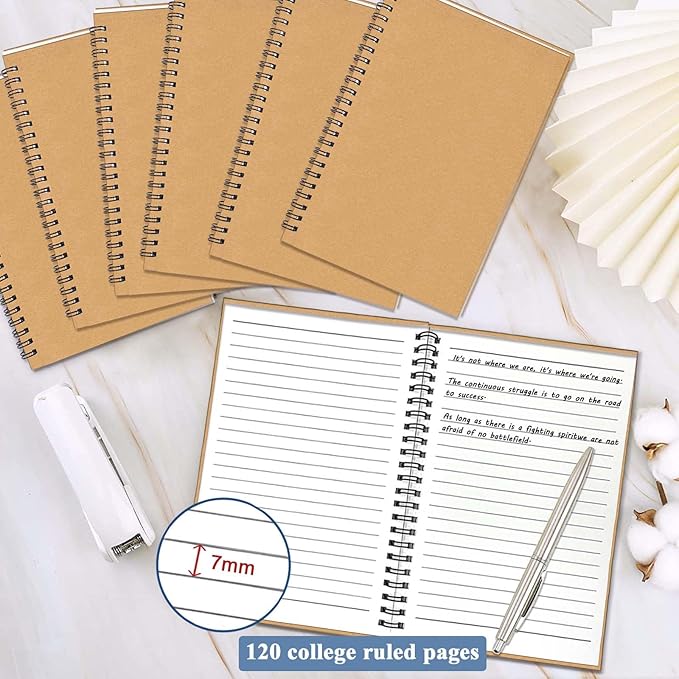 GINMLYDA Small Spiral Notebook A5, 6Pack 120 Lined Pages 8.25x5.5 Inches Brown Spiral Journal Kraft Cover Notebooks & Writing Pads for School Home Office Aesthetic Sketch Drawing Note