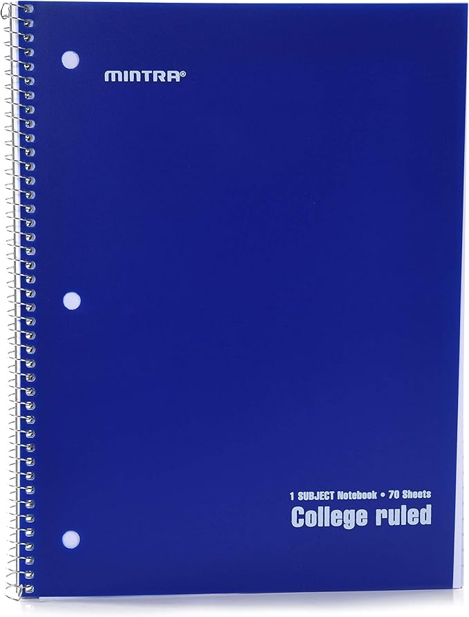 Mintra Office Spiral Notebooks - 1 Subject, 70 Sheets, College Ruled, 8in x 10in, Bulk Pack, PRIMARY Color Covers, Set of 6 - for School, Office, Business, Professional (4657)