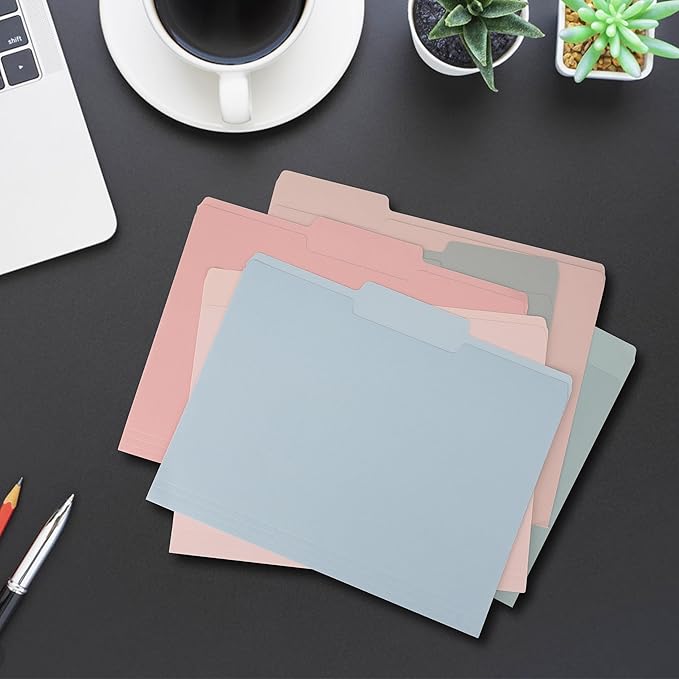 pmybupo100 Pack Assorted Colors Manila File Folders 8.5x11,1/3-Cut Tab,File Folders Letter Size,Colored Folders Office Organization Home School Folders for Documents Files Paper,6 Pastel Colors