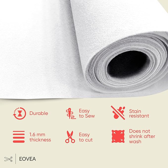 EOVEA | Acrylic Felt Fabric by The Yard - Non-Stiff, Soft Material - 72" Wide - 1.6mm Thick Felt Sheets for DIY Crafts, Sewing, Upholstery, Cushion, Padding(White, Half Yard)