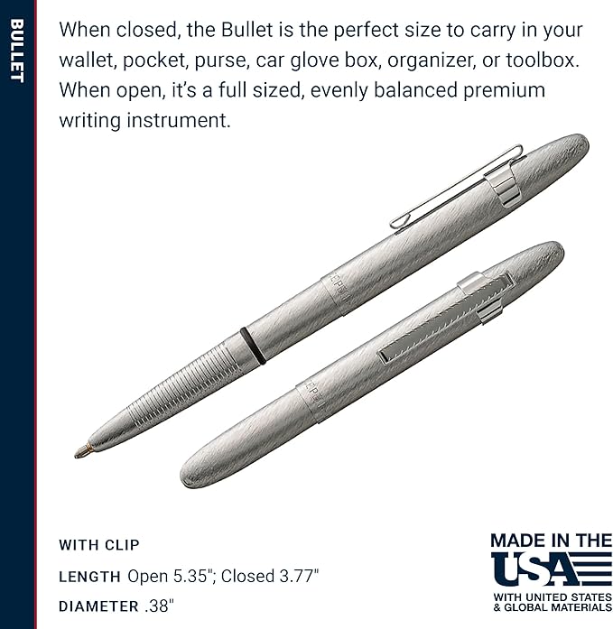 Fisher Space Pen Brushed Chrome Bullet Space Pen, Ballpoint, Brass, Black Ink, Pocket Clip, Gift Box